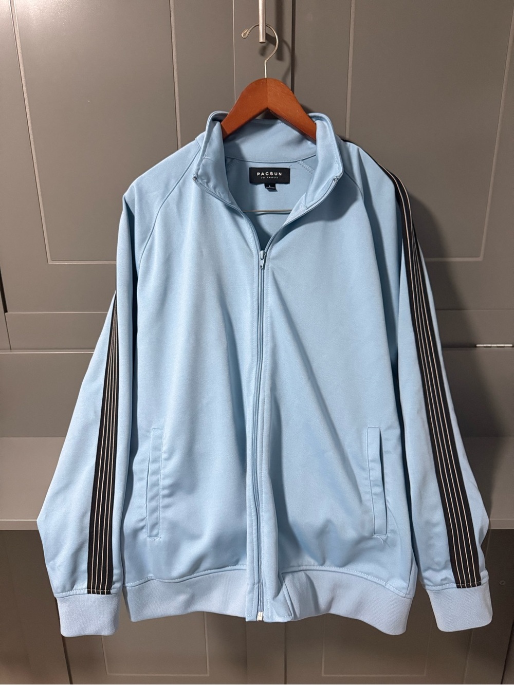PacSun Light Blue Zip-Up Track Jacket with Black Stripe Sleeves